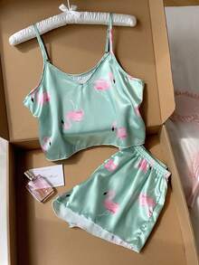 Comfortcana 火烈鳥印花緞面細肩帶上衣與短褲睡衣套裝 / 睡衣套裝，美學風格 - 薄荷綠 - 查看 4