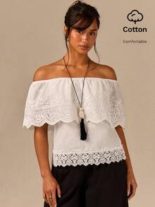Athîral Women's Vacation Casual Tropical Sexy Elegant Boho White Off-Shoulder Hollow Embroidery Shirt For Summer Holiday Outfits Golf Beach - White - View 3
