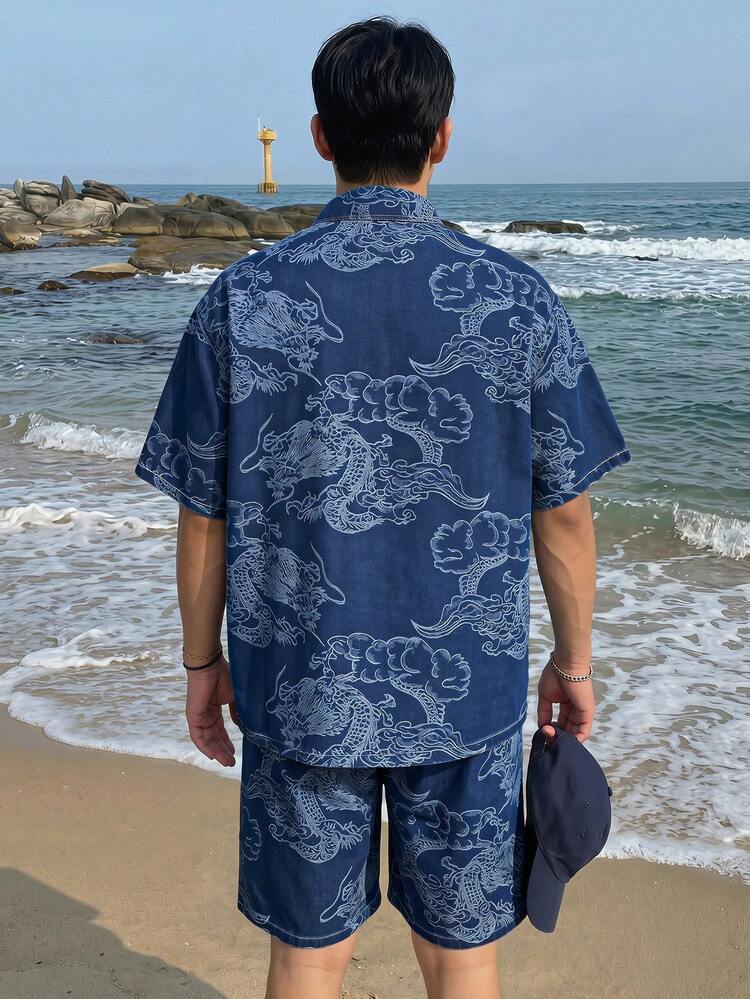 Floral Jacquard Design Short Sleeve Shirt Paired With Shorts Denim Suit For Men