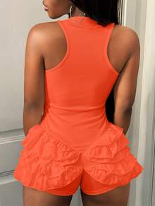 BamGleam Women's Solid Color Square Neck Sleeveless Patchwork Ruffle Hem Casual Rave Romper Club Night Orange Red Summer - Orange - View 2