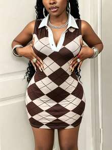 BamGleam Summer New Retro Brown & White Argyle Polo Collar Sleeveless Bodycon Mini Dress - Multicolor - View 5