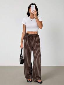 SHEIN Tall Women's Striped Drawstring Waist Wide Leg Loose Casual Pants, For Daily Wear, Suitable For Spring, Summer And Autumn, French Holiday, Tall Women - Brown - View 4