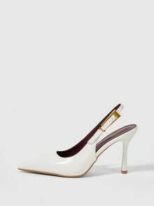 Sleekvia Women's New Thin High-Heel Pointed-Toe Pumps, Mirror PU Material, Metal Rhinestone Buckle, Simple And Elegant Commuter Wear, Back Strap Pointed-Toe Heels - Chantilly - View 2