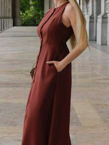 Elenary Edit Women's Round Neck, Single-Breasted, Sleeveless, Brown Dress Elegant Summer - Brown - View 3