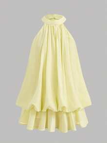 Firerie Kids Firerie Kids Tween Girl Solid Color Pleated Halter Neck Fashion Vacation Travel Dress - Yellow - View 6