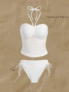 Elavelle Summer Beach Vacation Party Swimsuit For Women, Neck-Collar, Split-Body Set, Women's Textured Patterns, Flared Silhouette, Two Pieces Set White - White - View 1