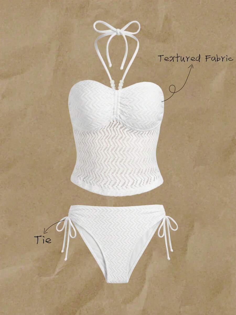 Elavelle Summer Beach Vacation Party Swimsuit For Women, Neck-Collar, Split-Body Set, Women's Textured Patterns, Flared Silhouette, Two Pieces Set White - White - View 1