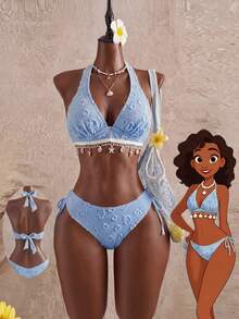 Swim Lushoire Swim Mod 新款女款優雅波希米亞風 2 件式黃色紋理花卉三角比基尼套裝，Y2K Spice Girl 復古可愛甜美海濱時尚 90s/2000s 風格海灘航海風－2 件式泳衣含掛脖上衣、紋理花卉壓紋布料、貝殼與海星吊飾飾邊、側綁帶性感三角褲，修身女性輪廓海灘裝，適合夏季度假、泳池派對與音樂節 - 淺藍色 - 查看 4