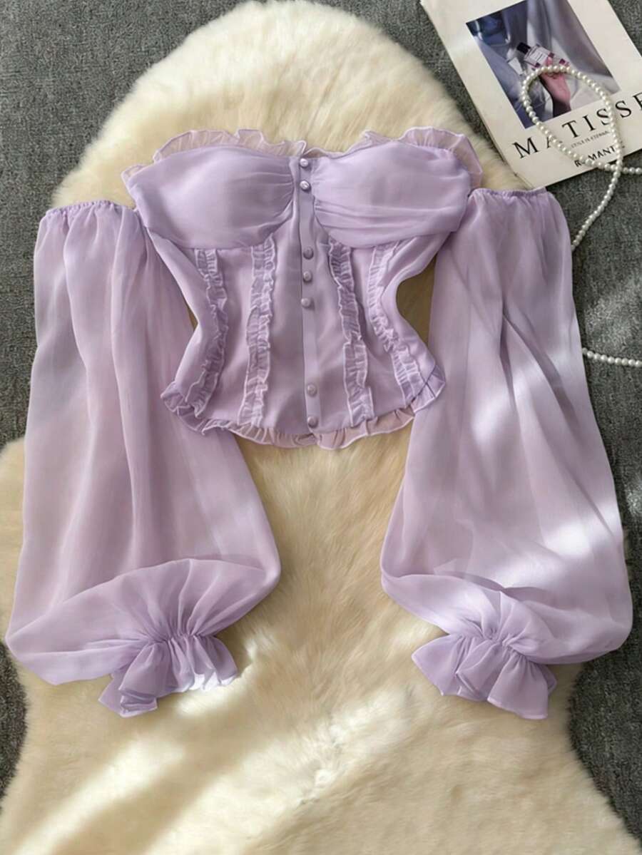 Resyla French Retro Pink Ruffle Off-Shoulder Pearl Button Flare Sleeve Cropped Top - Mauve Purple - View 1