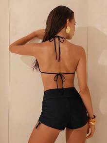 Swim SPRTY Women's Simple Solid Color Drawstring Bikini Bottoms Booty Shorts,Summer Beach - Black - View 2