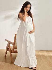 GentleRue Maternity Beige Maternity Slip Dress, Backless With Adjustable Drawstring, Loose A-Line Silhouette, Comfortable Skin-Friendly, Suitable For Home Vacation Beach - Beige - View 2