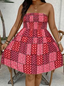 SHEIN LUNE Plus Size Women's All-Over Print Casual Party Strapless Dress - Red - View 6