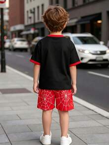 SHEIN Boys Loose Comfortable T-Shirt And Shorts 2pcs Set, English Los Angeles Graphic, Casual Cute Style, Suitable For School, Party, Outing, Sports, Gentleman, For 4-7 Years Old Boys - Red - View 2