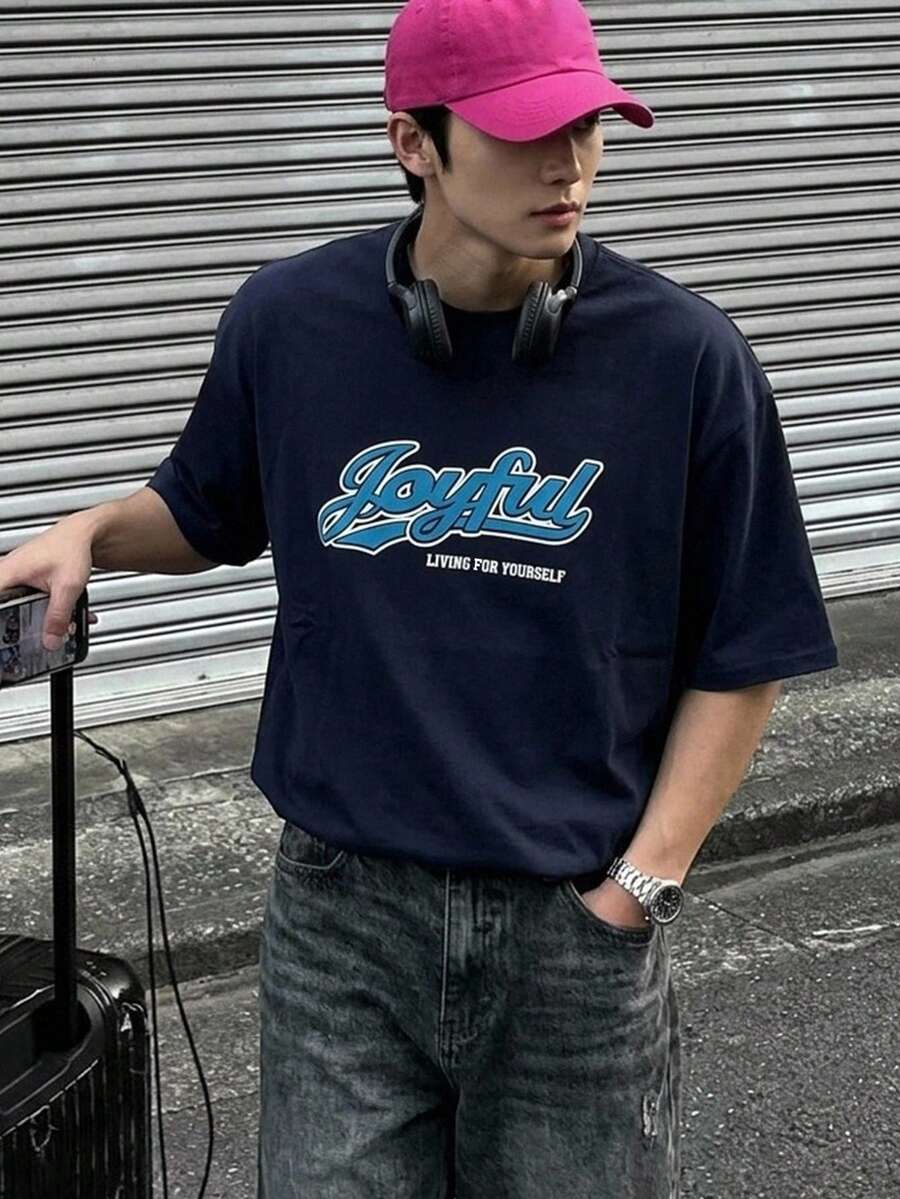 DAZY Navy Blue Short Sleeve Letter Print T-Shirt For Men - Navy Blue - View 1