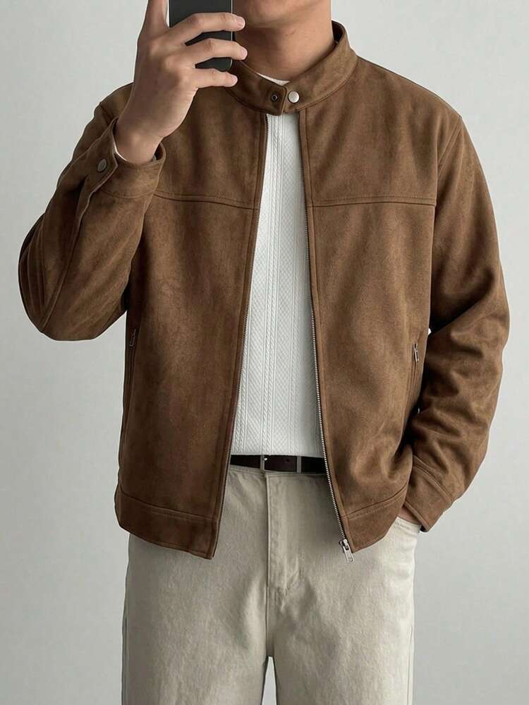Men's Solid Brown Suede Jacket And Coat, Autumn/Spring