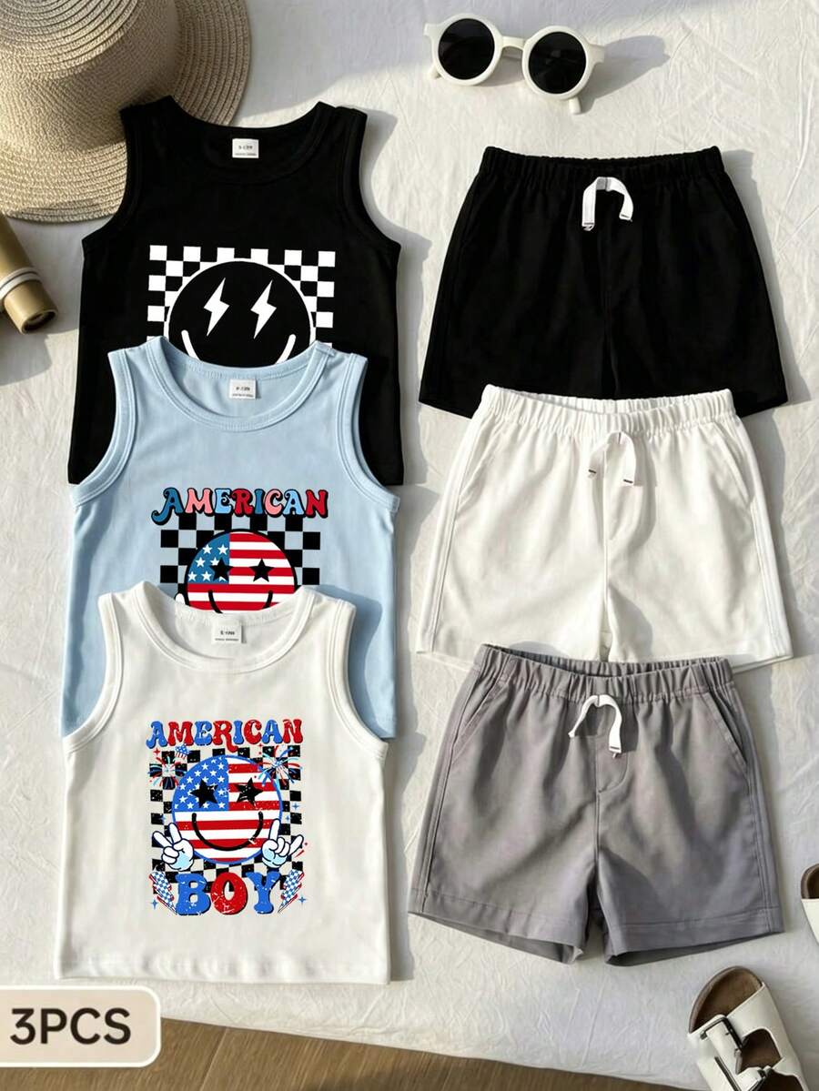 SHEIN Playful Pals 3件/組 嬰兒臉部字母圖案圓領休閒背心上衣 夏季，嬰兒男童背心上衣，嬰兒夏季背心上衣，嬰兒T恤，嬰兒男童臉部背心上衣，幼兒背心上衣，嬰兒男童上衣 3件/組