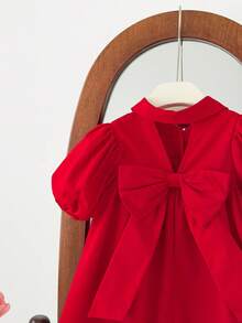 SHEIN LMoss Kids 女婴可爱短袖翻领连衣裙，夏季 - 紅色 - 查看 6