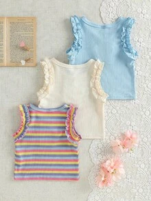 SHEIN 3件組女嬰幼兒新生兒夏季簡約百搭甜美可愛舒適親膚彈性羅紋荷葉袖背心，附3D花朵裝飾，適合外出、度假、日常穿著，6個月至3歲，室內外玩耍適用 - 彩色 - 查看 3