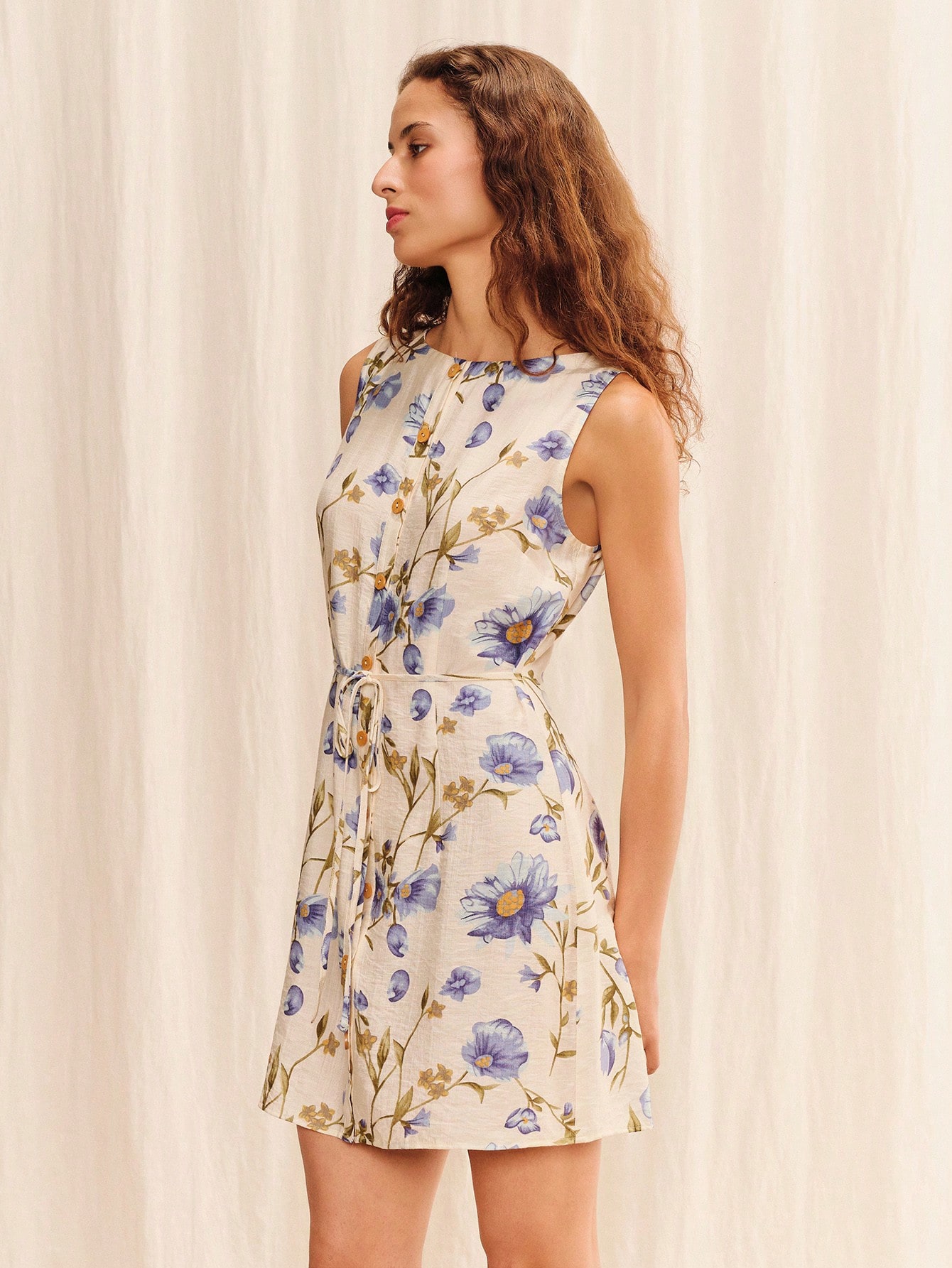 White And Blue Floral Print A Line Button Front Mini Dress Summer Holiday Casual