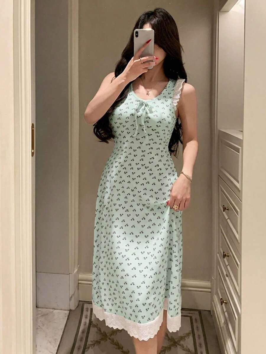 DAZY Nuisette midi sans manches à volants avec imprimé fleurs de cerisier pour femmes, pyjama d'été - Vert - Voir 1