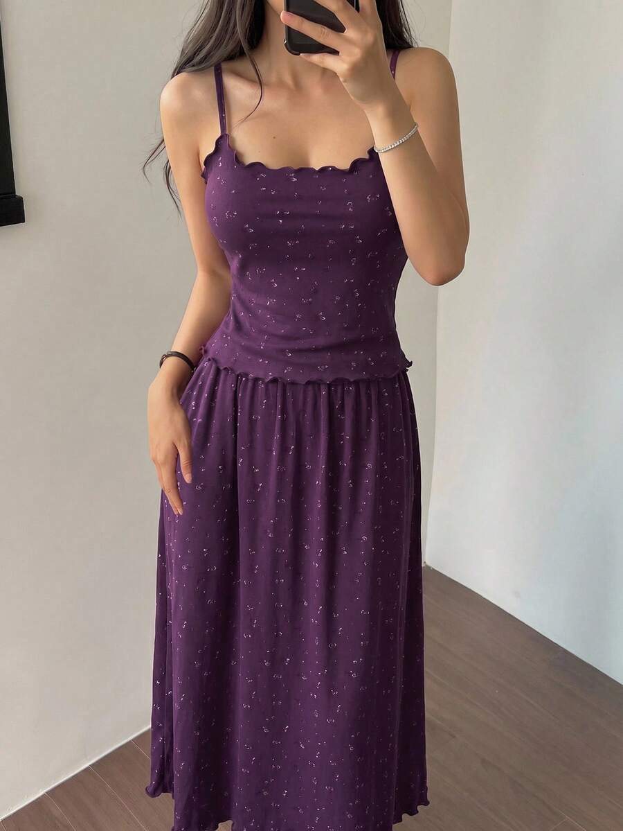DAZY 2 Peças Conjunto de Pijama com Regata Sem Mangas e Saia Longa com Patchwork de Renda para Mulheres Verão - Roxo - Visão 1
