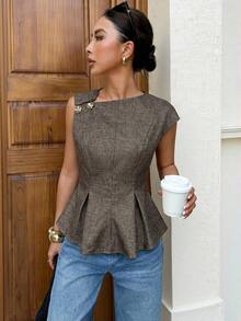 Siren Gaze Spring/Summer New Metal Buckle Decor Sleeveless Blouse For Women - Brown - View 6