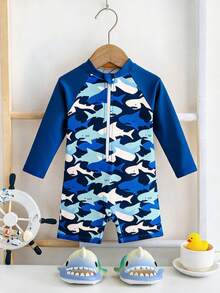 SHEIN Đồ bơi liền thân dài tay cho bé trai sơ sinh/bé trai, họa tiết cua dễ thương, sọc xanh phối màu tương phản, phù hợp đi nghỉ mát, đi biển, lướt sóng, đồ bơi bé trai, đồ bơi dài tay - Màu xanh lam - Xem 4