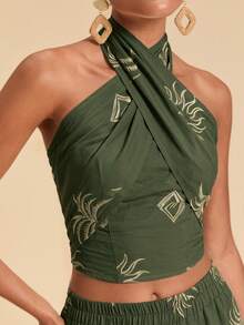 Travachic Women's Embroidered Backless Halter Top For Vacation And Casual Wear - Green - View 4
