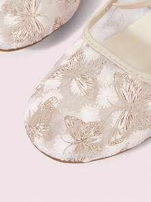 CUCCOO DOLLMOD Women's Shoes, Beige, Round Toe Mary Jane Flats, Flower Embroidered Mesh Yarn, Bow Strap, Sweet And Cute, Comfortable, Soft And Breathable - Butterfly - White - View 4
