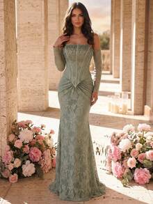 Glamrae Elegant Luxurious Elastic Lace Off-Shoulder Mermaid Dress Detachable Sleeve Ruched Embellished Gown For Weddings Parties Galas Formal Occasions For - Green - View 2