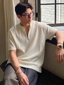 DAZY 男士纯色1/3拉链领T恤，灰色纹理面料拼接，夏季款 - 米色 - 查看 6