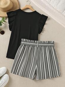 EMERY ROSE 2pcs Plus Size Set: Solid Color Ruffle Sleeve Top And Striped Shorts, Casual Vacation Summer Outfit For Women - Black - View 2