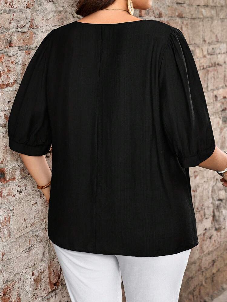 Plus Size Women's Summer Casual Vacation Round Neck Petal Sleeve Blue & White Striped Shirt Blouse