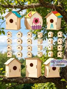6 pièces Kit artisanal en bois non fini de nid d'oiseau DIY, comprenant le nid d'oiseau, la cage d'oiseau, la décoration suspendue, le pendentif et les fournitures pour fête et cadeaux, décoration de bureau, de jardin et de cour, de maison, de chambre, de vacances, texture lisse, convient pour l'hiver, le Nouvel An, les fêtes, la peinture DIY de pièces en bois, décoration de cadeau de vacances vivante - multicolore - Voir 1