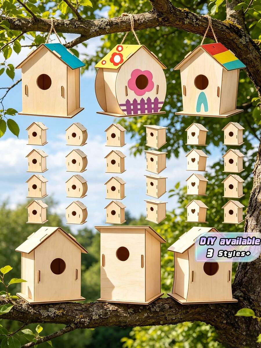 6 pièces Kit artisanal en bois non fini de nid d'oiseau DIY, comprenant le nid d'oiseau, la cage d'oiseau, la décoration suspendue, le pendentif et les fournitures pour fête et cadeaux, décoration de bureau, de jardin et de cour, de maison, de chambre, de vacances, texture lisse, convient pour l'hiver, le Nouvel An, les fêtes, la peinture DIY de pièces en bois, décoration de cadeau de vacances vivante - multicolore - Voir 1