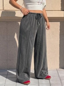 Muchica Plus Size Women Drawstring Waist Wide Leg Loose Casual Sweatpants - Dark Grey - View 4