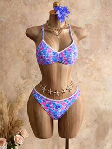 Mistrie Sommer Bikini Set mit Ditsy Blumenmuster, zufälliges Muster für Urlaub und Strand - Verschiedenfarbig - Übersicht 1