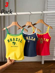 3pcs/Set Girls' Brazil, Italy, Spain Flag Print Red, Yellow, Blue Cropped Camisole Tops, Summer - Multicolor - View 1