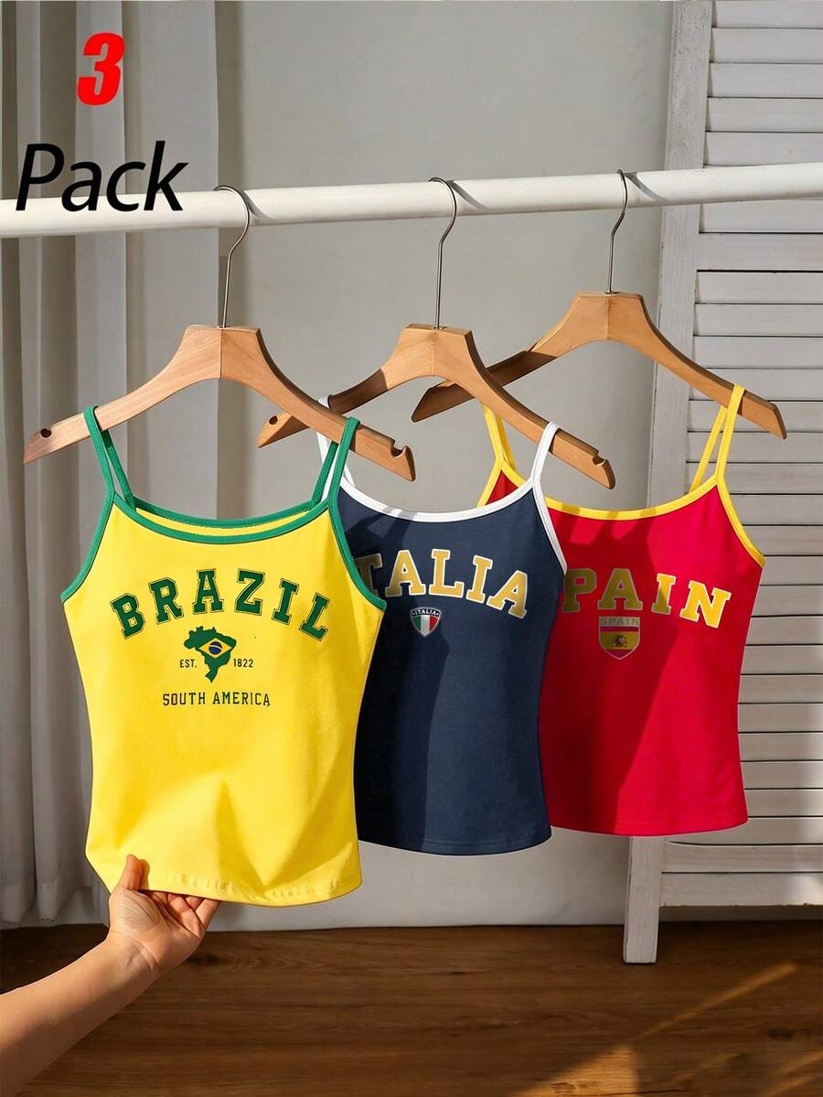 3pcs/Set Girls' Brazil, Italy, Spain Flag Print Red, Yellow, Blue Cropped Camisole Tops, Summer - Multicolor - View 1
