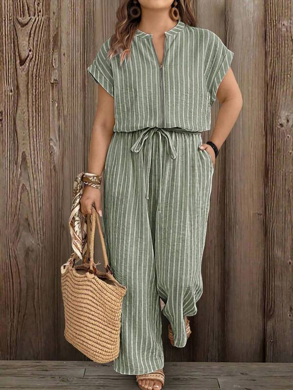 EMERY ROSE Pantalón de una pieza casual de verano con rayas tejidas para mujer