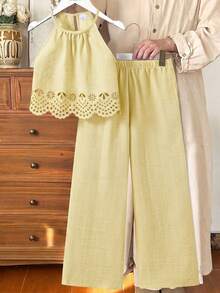 SHEIN 1pc Girls Sleeveless Top And Pants Set, Fashion Versatile Halter Neck Backless Design, Woven Fabric, Fitted Top + Relaxed Straight Leg Pants, Suitable For Outdoor Wear, Summer - Yellow - View 5
