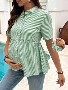 SHEIN Maternity Striped Loose Nursing Top - Green - View 1