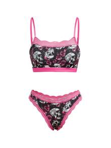 AltBold 2pcs Lace Patchwork Floral Print Women's Lingerie Set - Multicolor - View 3
