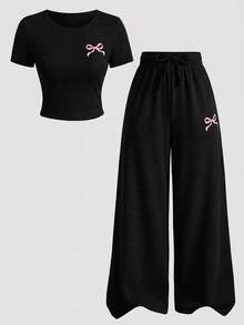 SHEIN Set 2pcs/Set untuk Remaja Perempuan: Kaos dan Legging Kasual Rajut Warna Polos Kerah Bulat dengan Hiasan Pita - Hitam - View 4