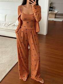 DAZY 3pcs Bow Print Allover Allover Print Camisole And Pants Women Pajama Set - Orange - View 3