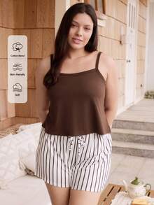 Doze Lane Plus Size Casual Striped Camisole & Shorts Pajama Set - Multicolor - View 3