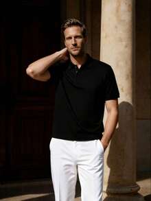 Officeau 1pc Men's Casual Solid Color Golf Polo Shirt For Summer - Black - View 8