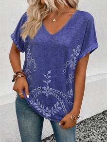 EMERY ROSE New V-Neck Short Sleeve T-Shirt For Women, Faux Leather Texture Print - Multicolor - View 4