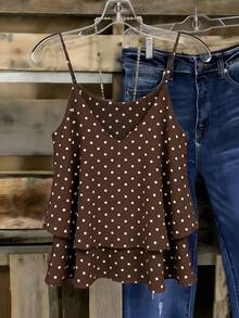EMERY ROSE Atasan Wanita Tenun Kasual Gaya Resor Motif Polkadot Musim Panas Model Halter - Coffee Brown - View 2