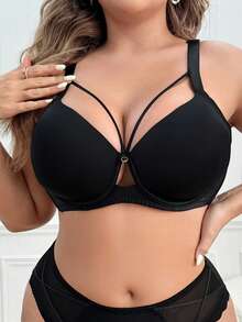 LustreForm 1pc Plus Size Lace Patchwork Black Underwire Bra - Black - View 2
